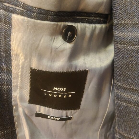 Moss London 38R 32w navy check slim fit suit half lined 100% fine merino wool - Picture 2 of 8